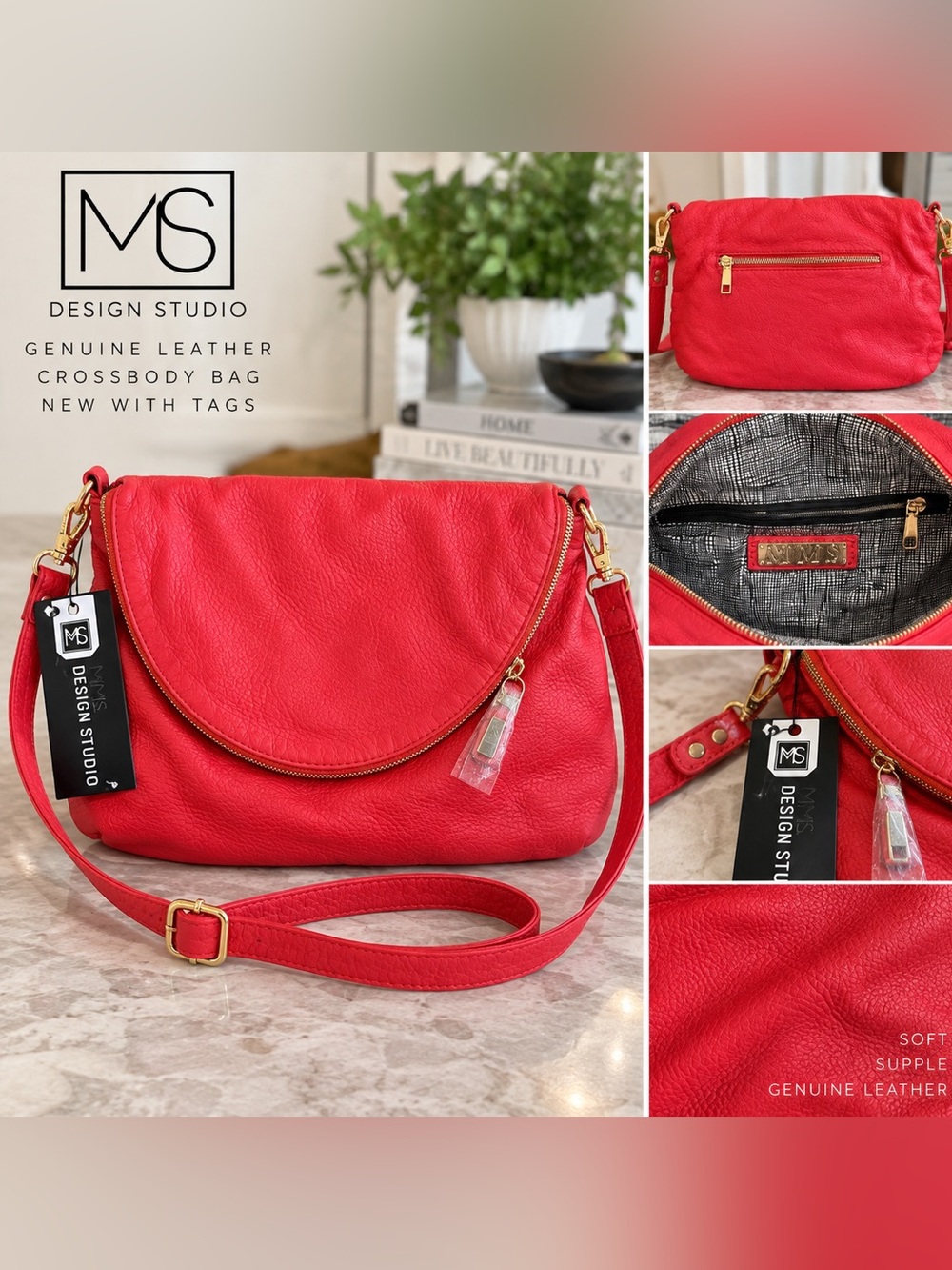 MS Design Studio Poppy Red Leather Crossbody Bag Gold Hardware NWT